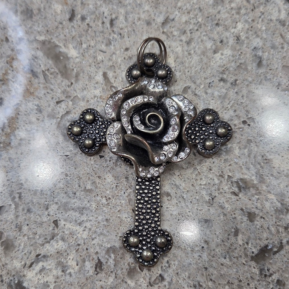 Rose Cross Pendant Antiqued Silver Tone Rhinestone Flower Religious Charm‎